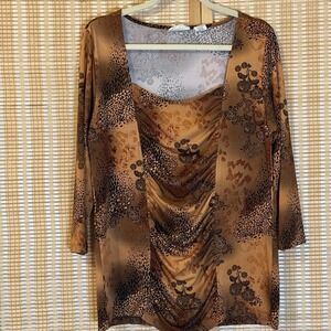 Allison Brittney Woman XL Top Brown Animal Floral Boho Office Grannycore Silky